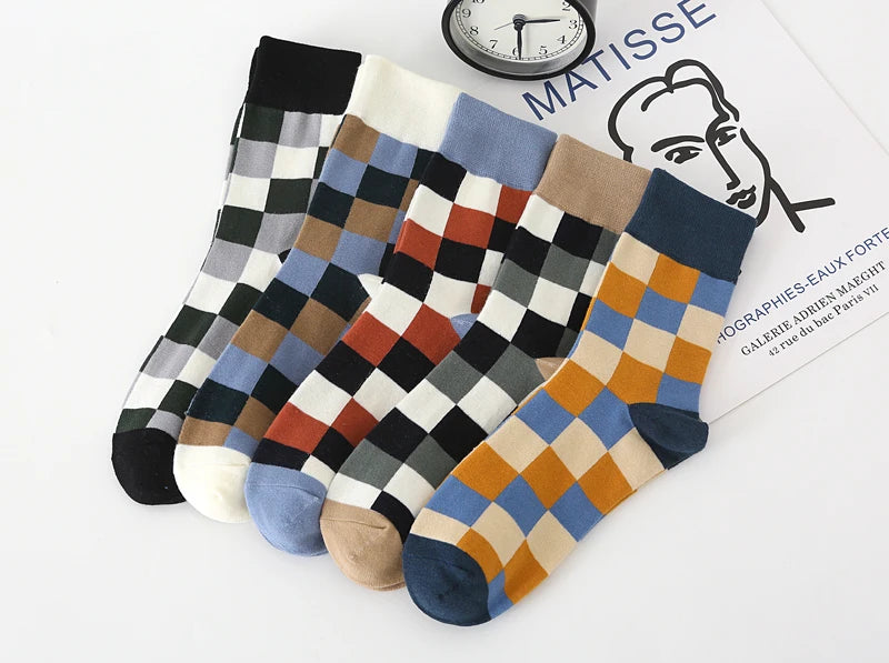 5Pair-pack New Men's Socks Colorful Grid Sock Casual Business High Quality Happy Combed Cotton Socks Fashion Gentleman Socks Men