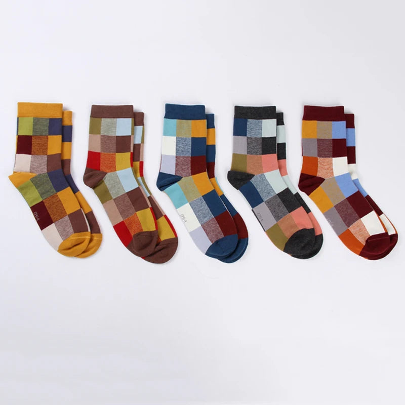 5Pair-pack New Men's Socks Colorful Grid Sock Casual Business High Quality Happy Combed Cotton Socks Fashion Gentleman Socks Men