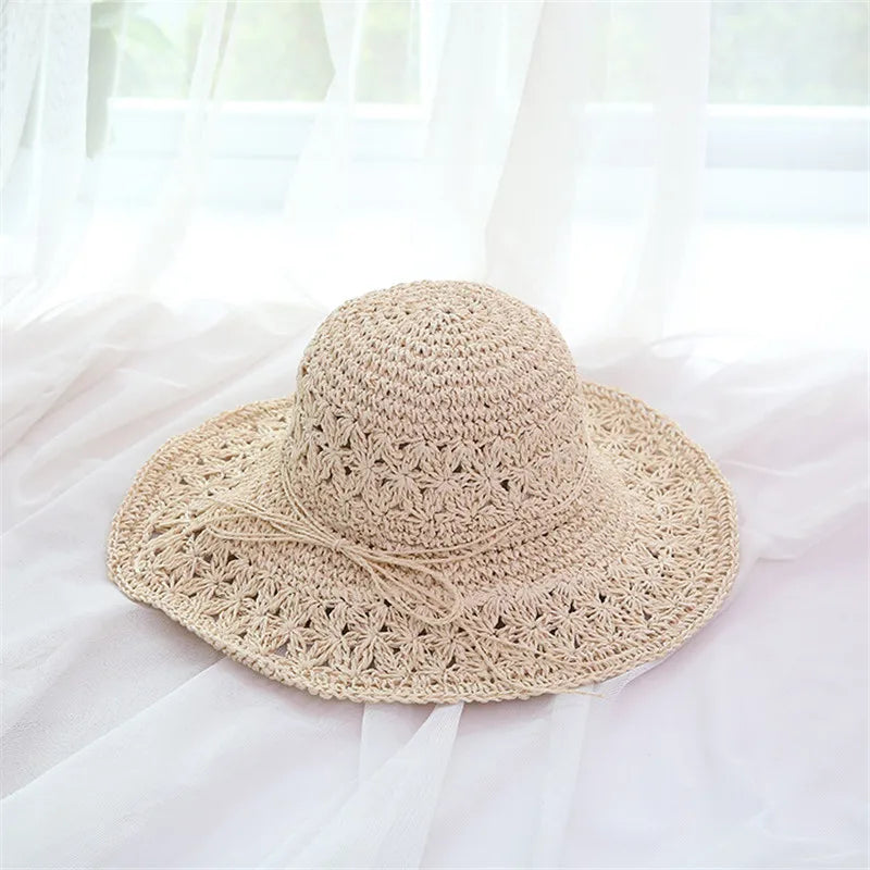 String Bow Floppy Breath Foldable Straw Beach Bucket Hat Wide Floppy Brim UV Sun Protection Caps For Summer Women