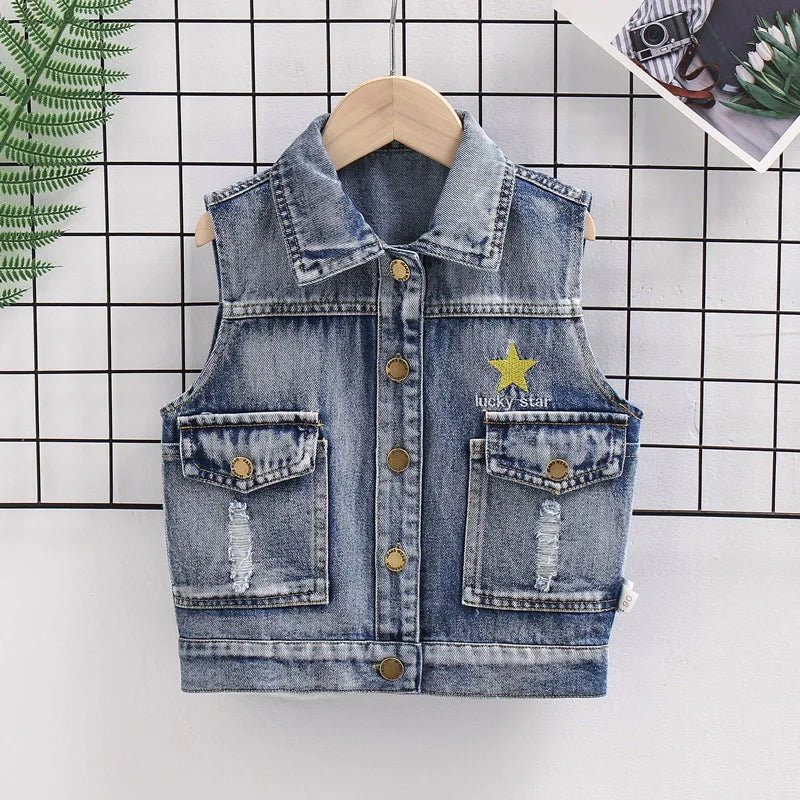 Fashion Casual Kids Boys Denim Vest Waistcoats Baby Girls Classic Denim Coats Spring Autumn Short Jackets Clothin Fit 2-7 Yearsg