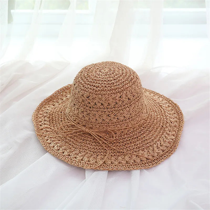 String Bow Floppy Breath Foldable Straw Beach Bucket Hat Wide Floppy Brim UV Sun Protection Caps For Summer Women
