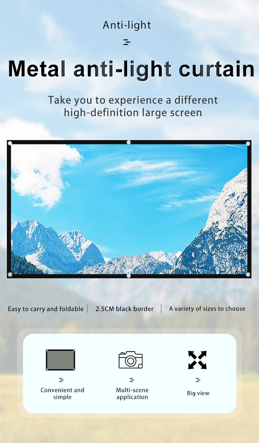 VEIDADZ Projector Screen Metal Grey Anti-Light 60-133 inch 30° Viewing Angle 16:9 Portable Reflective Screen Home Theatre Indoor