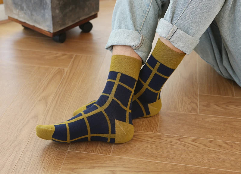 5Pair-pack New Men's Socks Colorful Grid Sock Casual Business High Quality Happy Combed Cotton Socks Fashion Gentleman Socks Men