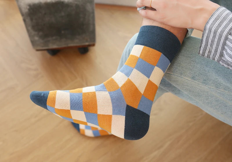 5Pair-pack New Men's Socks Colorful Grid Sock Casual Business High Quality Happy Combed Cotton Socks Fashion Gentleman Socks Men