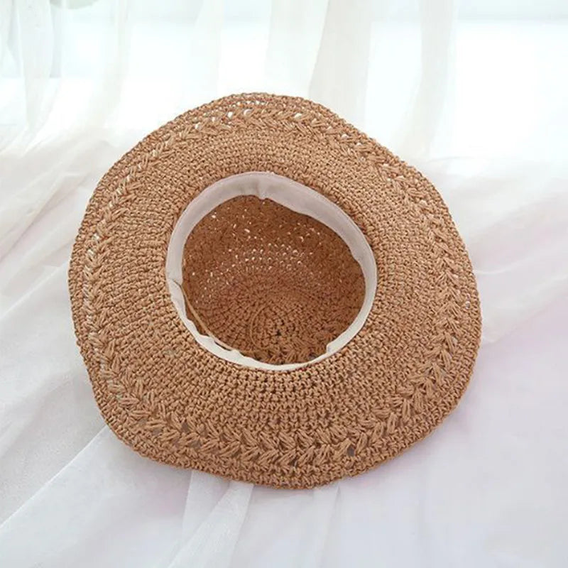 String Bow Floppy Breath Foldable Straw Beach Bucket Hat Wide Floppy Brim UV Sun Protection Caps For Summer Women