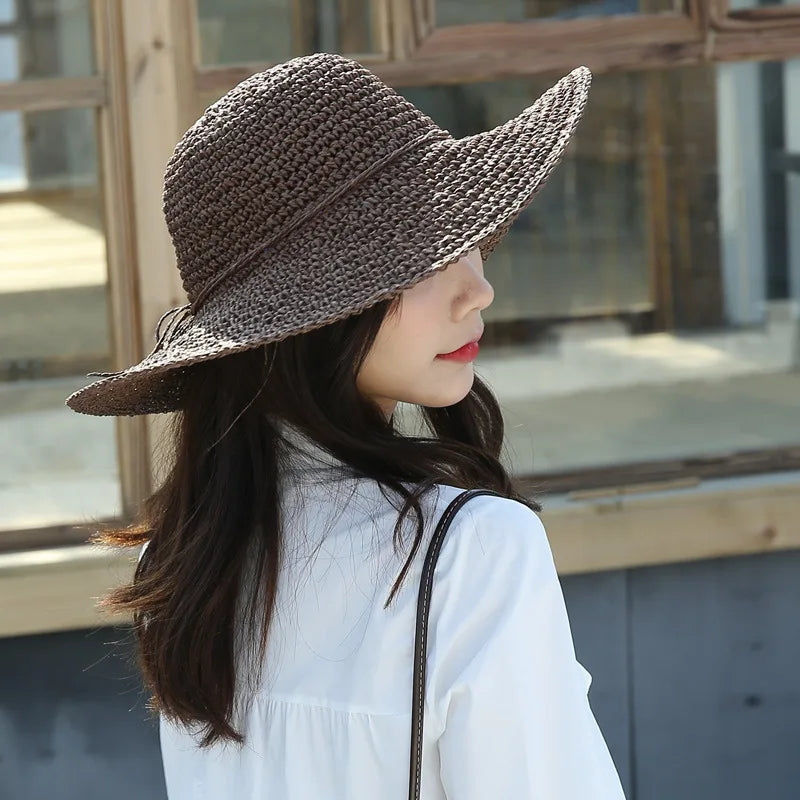 String Bow Floppy Breath Foldable Straw Beach Bucket Hat Wide Floppy Brim UV Sun Protection Caps For Summer Women
