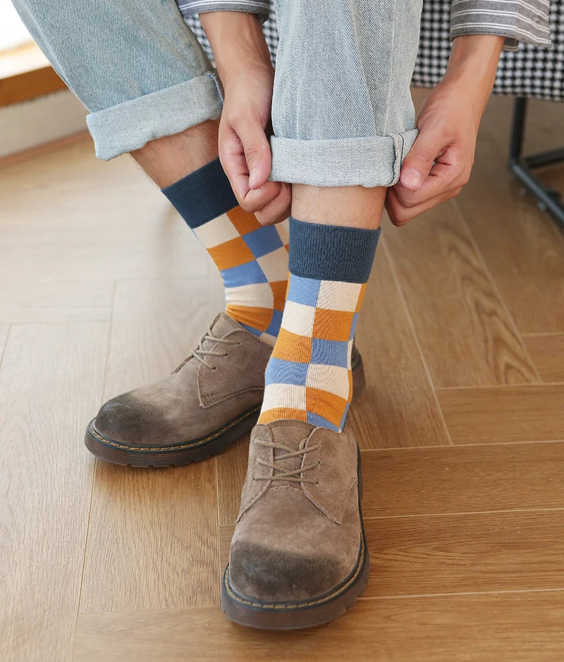 5Pair-pack New Men's Socks Colorful Grid Sock Casual Business High Quality Happy Combed Cotton Socks Fashion Gentleman Socks Men