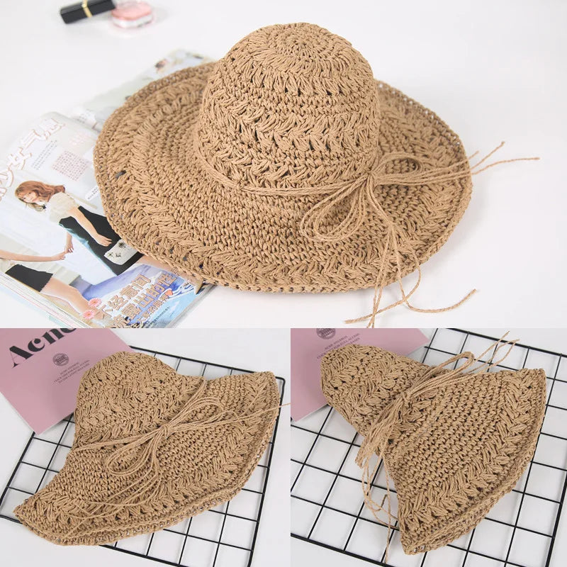String Bow Floppy Breath Foldable Straw Beach Bucket Hat Wide Floppy Brim UV Sun Protection Caps For Summer Women
