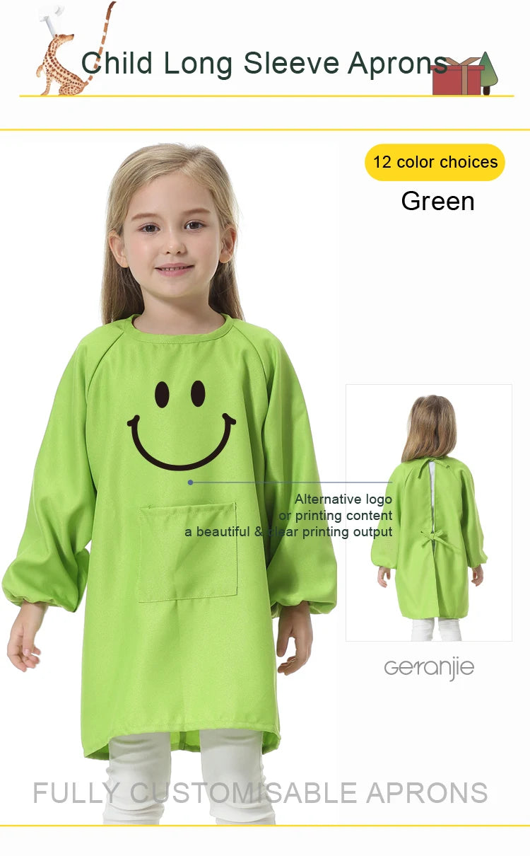 Children's Kitchen Cooking Baking Painting Clothes Polyester Kid Anti-Wear Smock Baby Eating Aprons Print LOGO