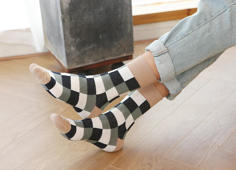 5Pair-pack New Men's Socks Colorful Grid Sock Casual Business High Quality Happy Combed Cotton Socks Fashion Gentleman Socks Men