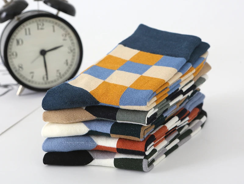 5Pair-pack New Men's Socks Colorful Grid Sock Casual Business High Quality Happy Combed Cotton Socks Fashion Gentleman Socks Men