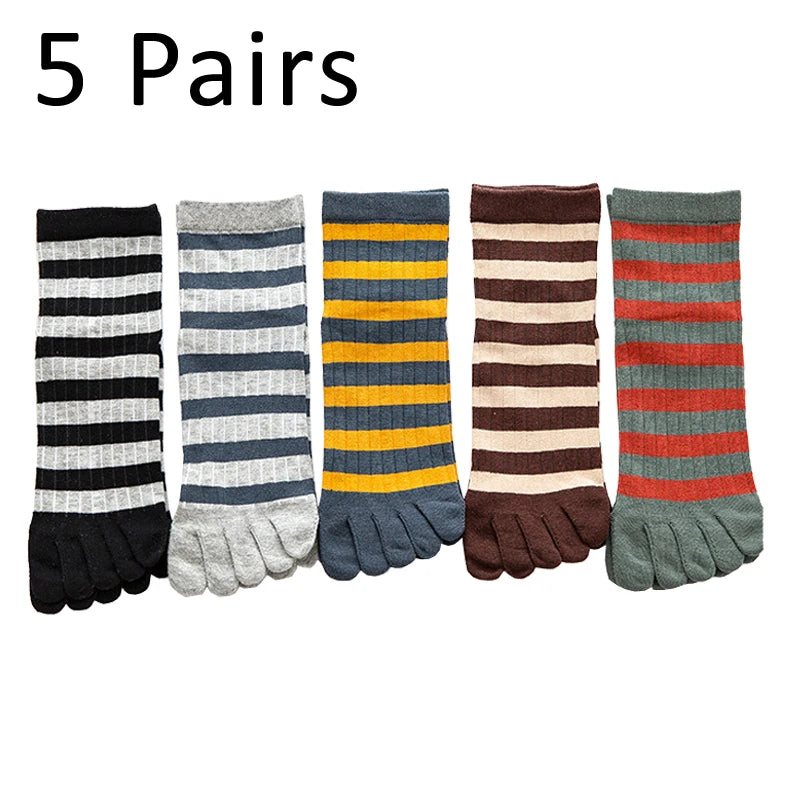 5 Pairs Mans Short Socks With Toes Pure Cotton Striped Business Young Street Fashion Colorful Five Finger Happy Socks Sokken