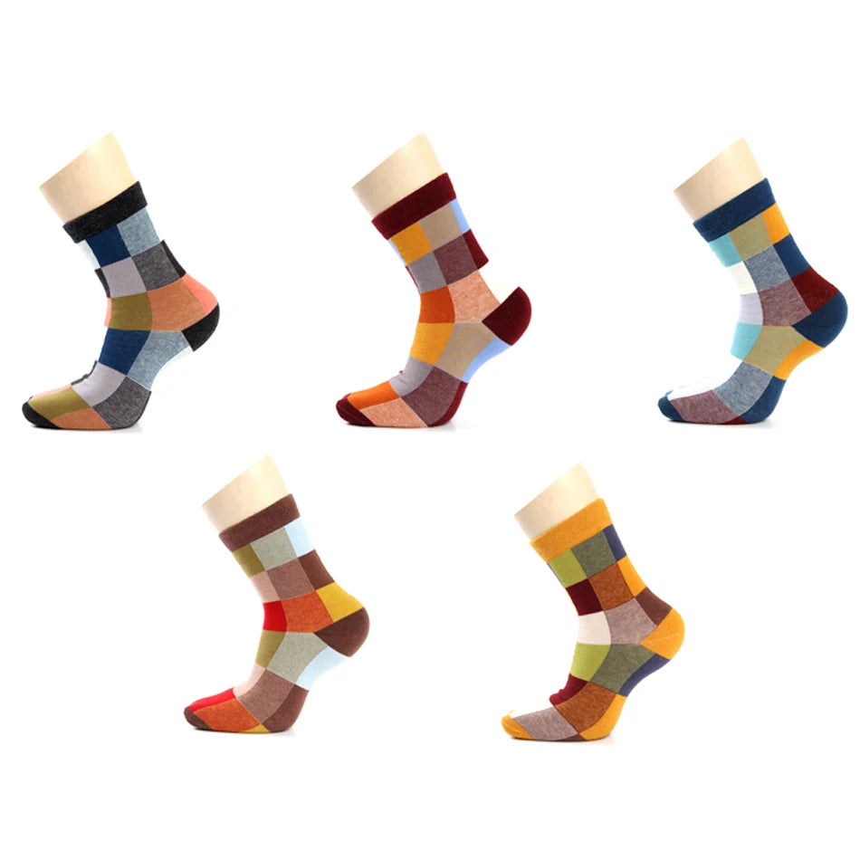 5Pair-pack New Men's Socks Colorful Grid Sock Casual Business High Quality Happy Combed Cotton Socks Fashion Gentleman Socks Men
