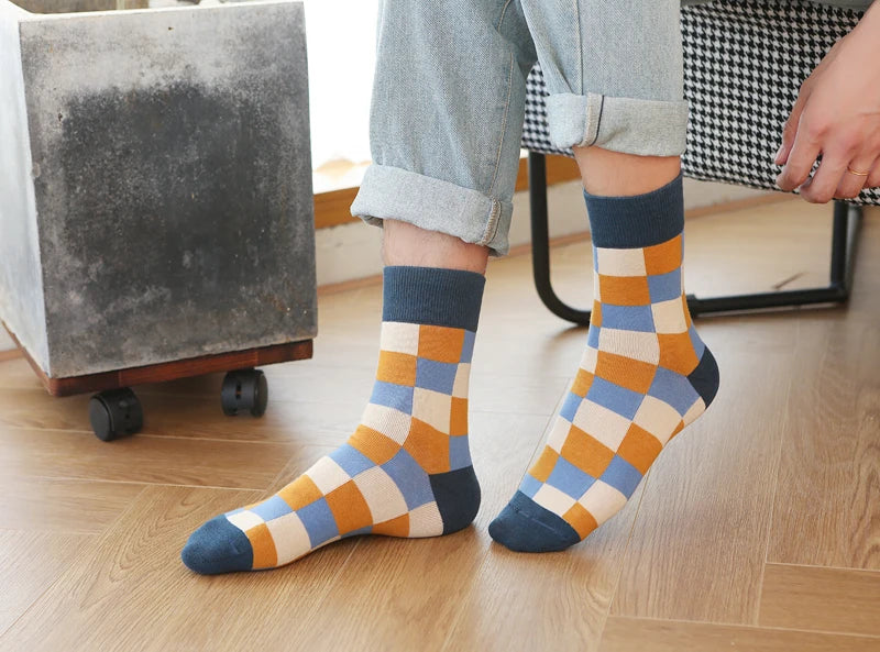 5Pair-pack New Men's Socks Colorful Grid Sock Casual Business High Quality Happy Combed Cotton Socks Fashion Gentleman Socks Men