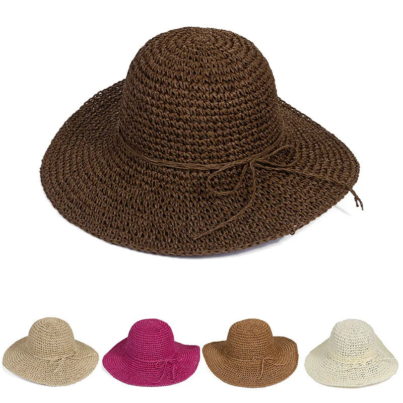 String Bow Floppy Breath Foldable Straw Beach Bucket Hat Wide Floppy Brim UV Sun Protection Caps For Summer Women