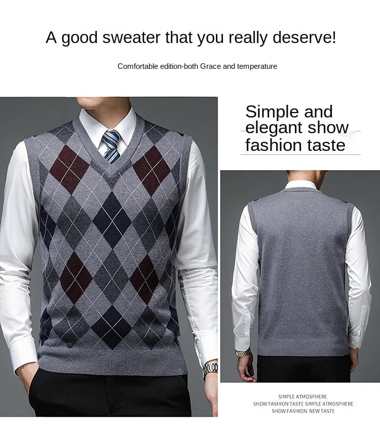 New Autum Fashion Designer Brand Argyle Pullover Diamond Sweater V Neck Knit Vest Men 6% Wool Sleeveless Casual Men Clothing