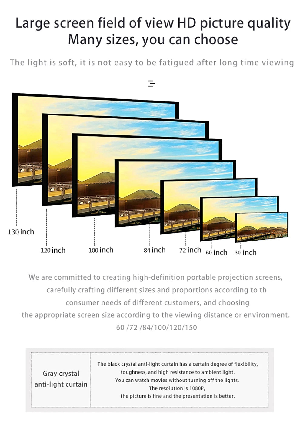 VEIDADZ Projector Screen Metal Grey Anti-Light 60-133 inch 30° Viewing Angle 16:9 Portable Reflective Screen Home Theatre Indoor