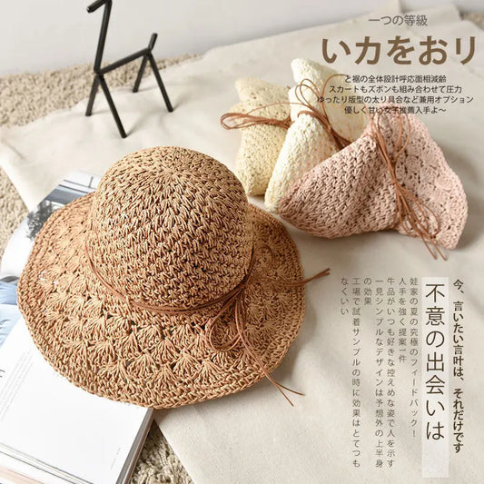 Good Quality Hand Hook Parent-child Straw Sun Hat Women Children's New Bowknot Shade Hat Sunscreen Foldable Beach Hat GH-656
