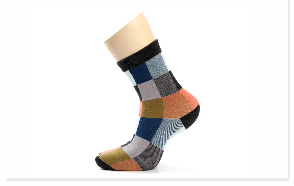 5 Pairs Combed Cotton Men's Socks Compression Socks Fashion Colorful Square Stripe Happy Dress Socks Men Size 39-45