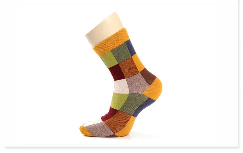 5 Pairs Combed Cotton Men's Socks Compression Socks Fashion Colorful Square Stripe Happy Dress Socks Men Size 39-45