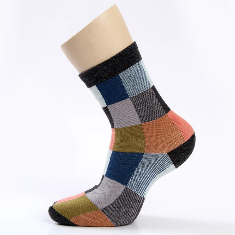 5 Pairs Combed Cotton Men's Socks Compression Socks Fashion Colorful Square Stripe Happy Dress Socks Men Size 39-45