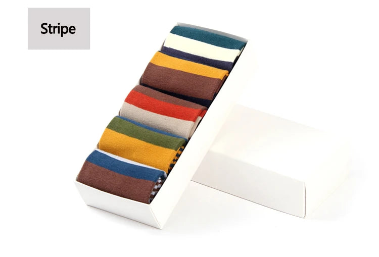 5 Pairs Combed Cotton Men's Socks Compression Socks Fashion Colorful Square Stripe Happy Dress Socks Men Size 39-45
