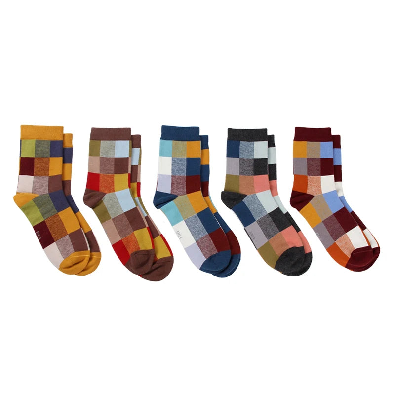 5 Pairs Combed Cotton Men's Socks Compression Socks Fashion Colorful Square Stripe Happy Dress Socks Men Size 39-45
