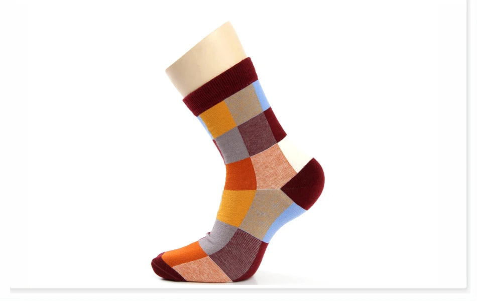 5 Pairs Combed Cotton Men's Socks Compression Socks Fashion Colorful Square Stripe Happy Dress Socks Men Size 39-45
