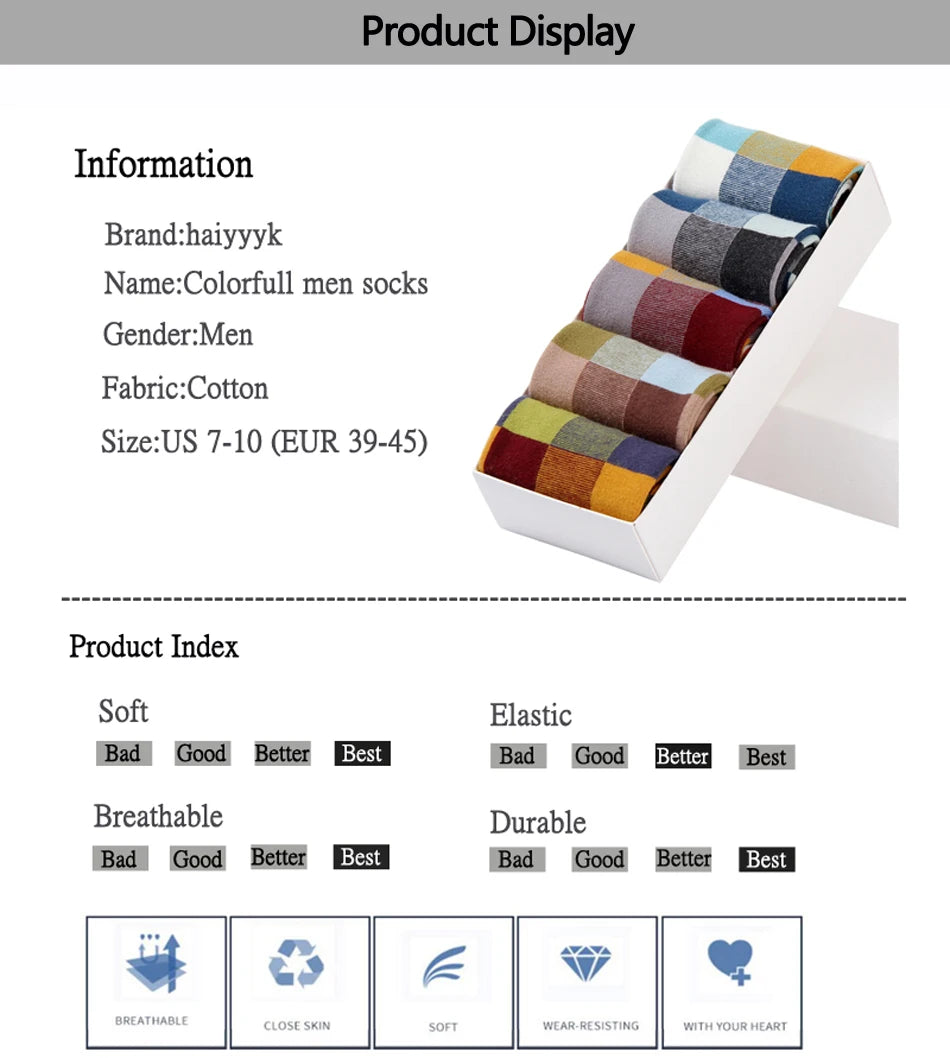 5 Pairs Combed Cotton Men's Socks Compression Socks Fashion Colorful Square Stripe Happy Dress Socks Men Size 39-45