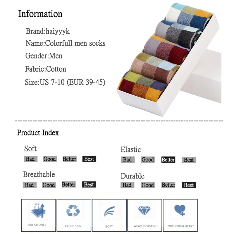 5 Pairs Combed Cotton Men's Socks Compression Socks Fashion Colorful Square Stripe Happy Dress Socks Men Size 39-45