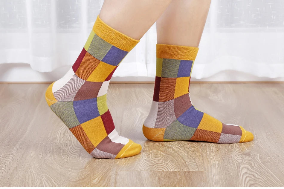 5 Pairs Combed Cotton Men's Socks Compression Socks Fashion Colorful Square Stripe Happy Dress Socks Men Size 39-45