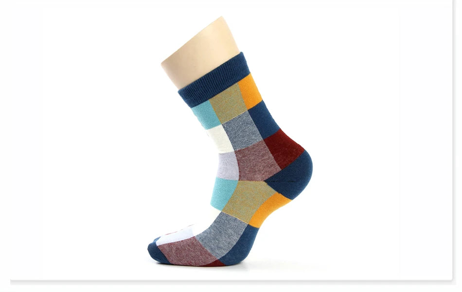 5 Pairs Combed Cotton Men's Socks Compression Socks Fashion Colorful Square Stripe Happy Dress Socks Men Size 39-45