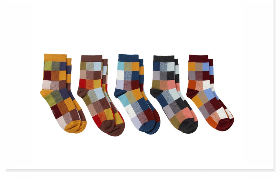 5 Pairs Combed Cotton Men's Socks Compression Socks Fashion Colorful Square Stripe Happy Dress Socks Men Size 39-45