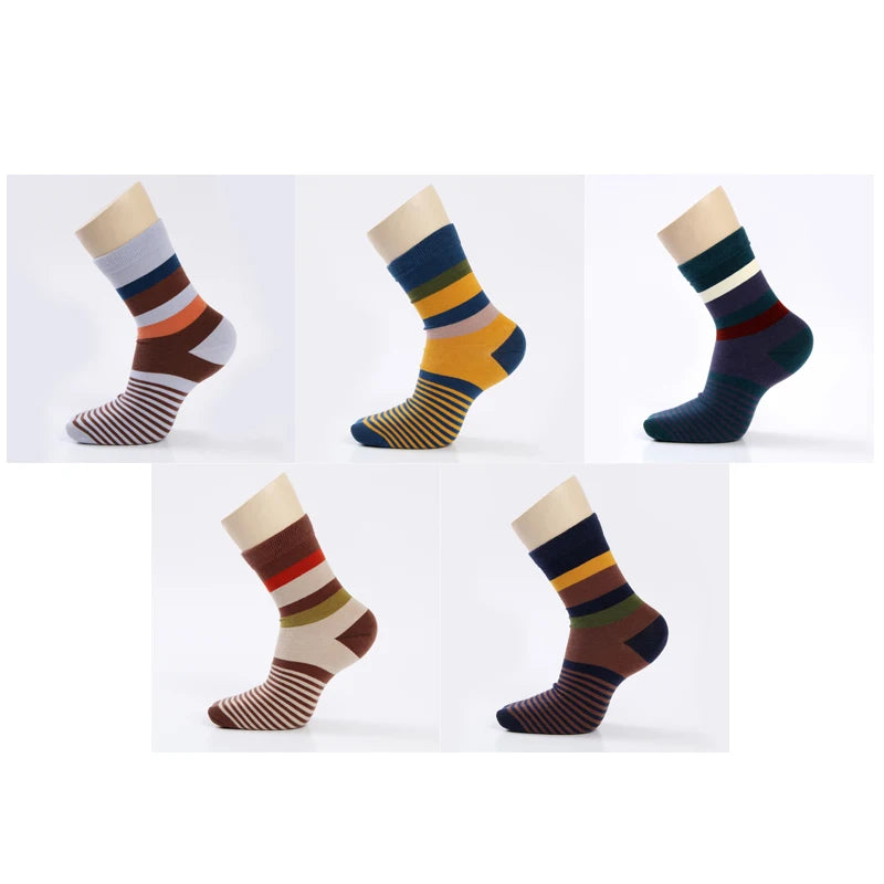 5 Pairs Combed Cotton Men's Socks Compression Socks Fashion Colorful Square Stripe Happy Dress Socks Men Size 39-45