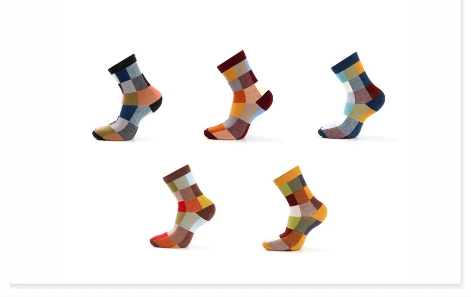 5 Pairs Combed Cotton Men's Socks Compression Socks Fashion Colorful Square Stripe Happy Dress Socks Men Size 39-45