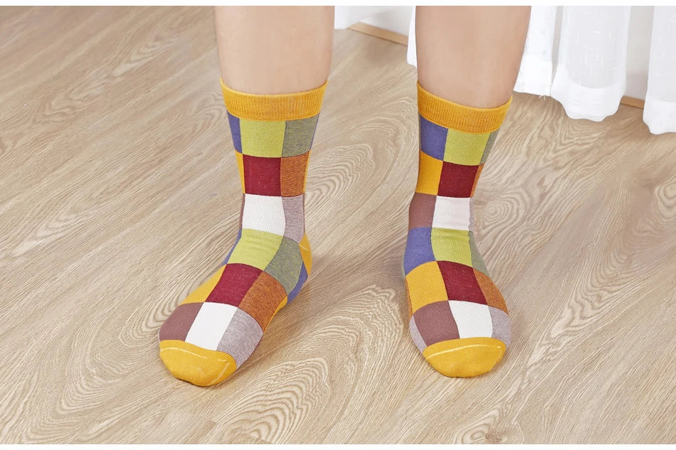 5 Pairs Combed Cotton Men's Socks Compression Socks Fashion Colorful Square Stripe Happy Dress Socks Men Size 39-45