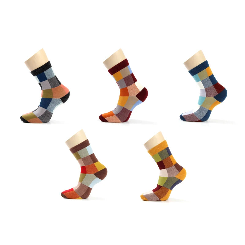 5 Pairs Combed Cotton Men's Socks Compression Socks Fashion Colorful Square Stripe Happy Dress Socks Men Size 39-45