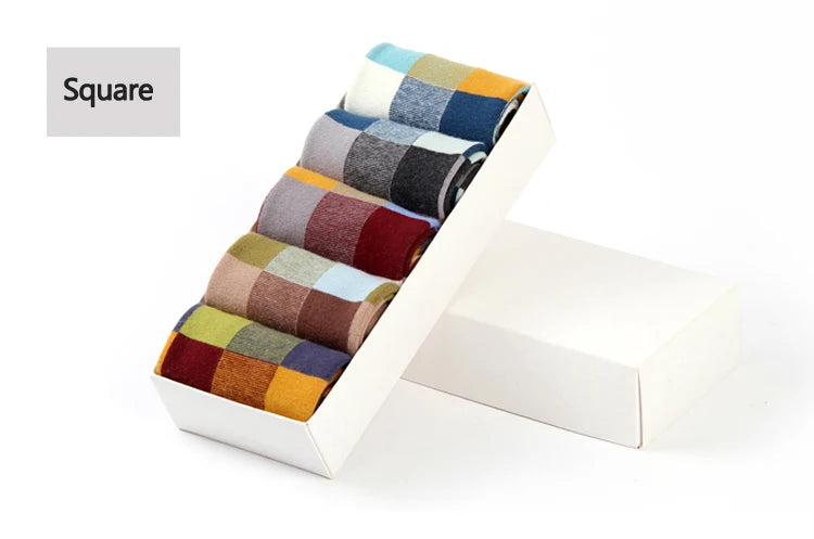 5 Pairs Combed Cotton Men's Socks Compression Socks Fashion Colorful Square Stripe Happy Dress Socks Men Size 39-45