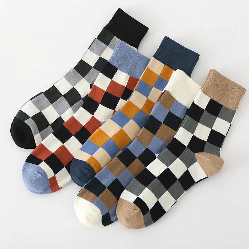 5Pair-pack New Men's Socks Colorful Grid Sock Casual Business High Quality Happy Combed Cotton Socks Fashion Gentleman Socks Men