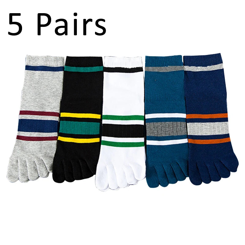 5 Pairs Mans Short Socks With Toes Pure Cotton Striped Business Young Street Fashion Colorful Five Finger Happy Socks Sokken