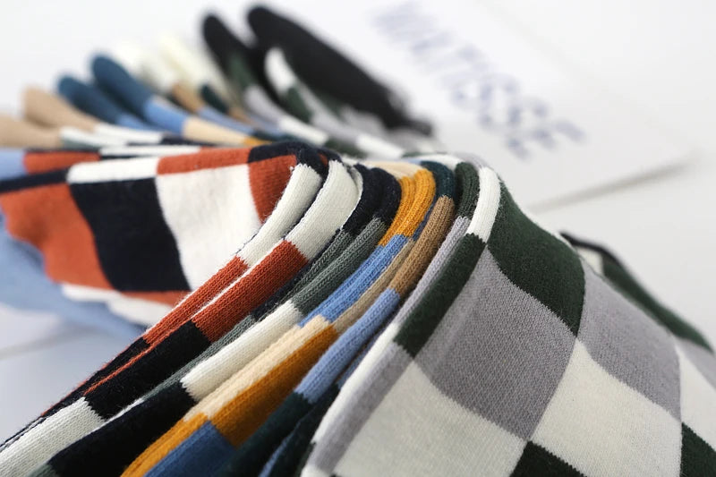 5Pair-pack New Men's Socks Colorful Grid Sock Casual Business High Quality Happy Combed Cotton Socks Fashion Gentleman Socks Men