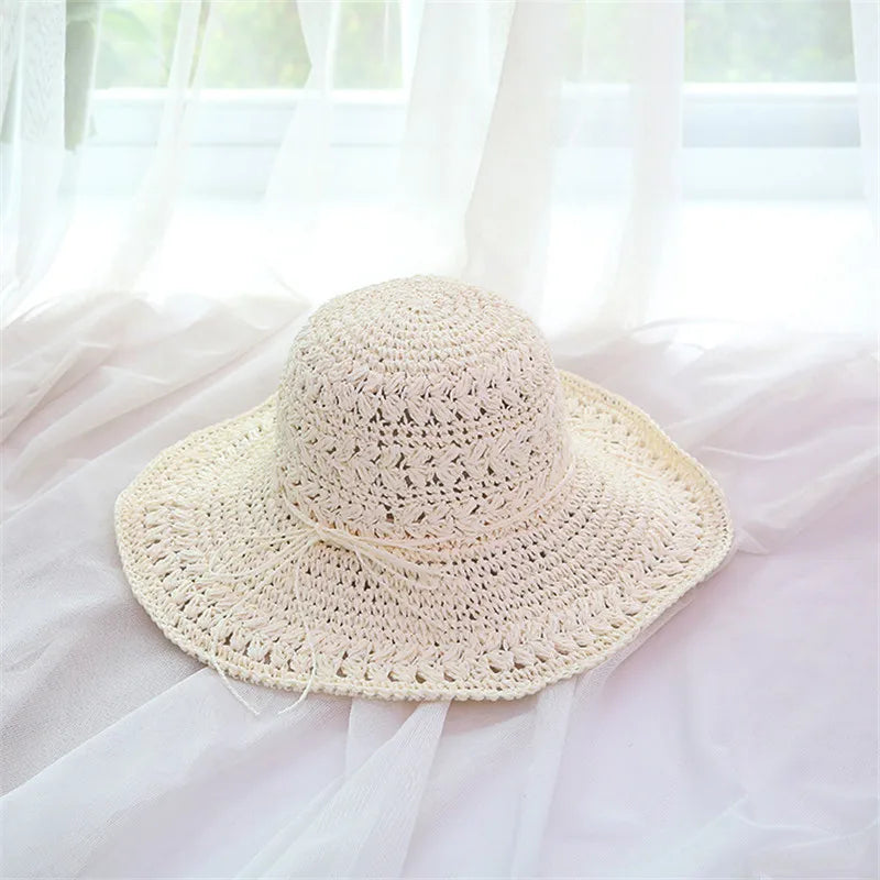 String Bow Floppy Breath Foldable Straw Beach Bucket Hat Wide Floppy Brim UV Sun Protection Caps For Summer Women