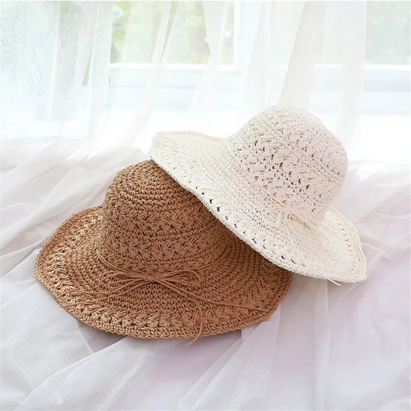 String Bow Floppy Breath Foldable Straw Beach Bucket Hat Wide Floppy Brim UV Sun Protection Caps For Summer Women