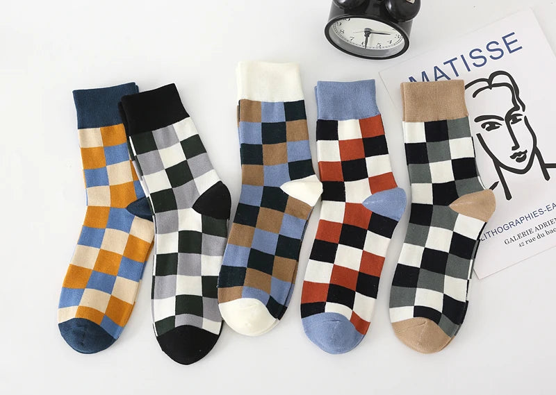 5Pair-pack New Men's Socks Colorful Grid Sock Casual Business High Quality Happy Combed Cotton Socks Fashion Gentleman Socks Men
