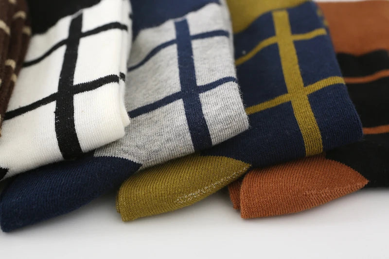 5Pair-pack New Men's Socks Colorful Grid Sock Casual Business High Quality Happy Combed Cotton Socks Fashion Gentleman Socks Men