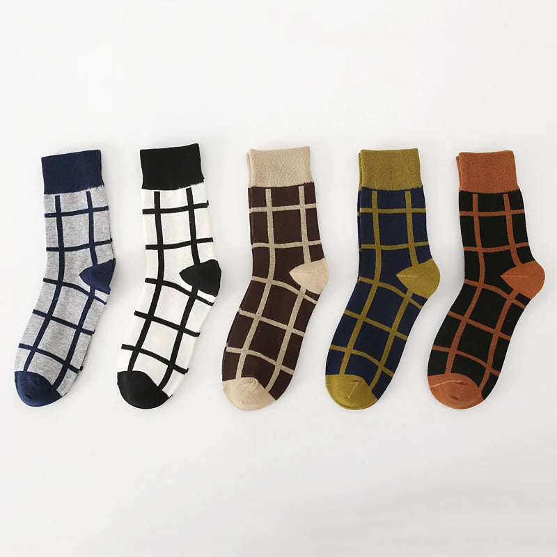 5Pair-pack New Men's Socks Colorful Grid Sock Casual Business High Quality Happy Combed Cotton Socks Fashion Gentleman Socks Men