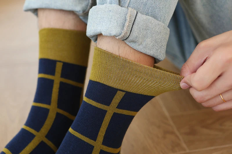 5Pair-pack New Men's Socks Colorful Grid Sock Casual Business High Quality Happy Combed Cotton Socks Fashion Gentleman Socks Men