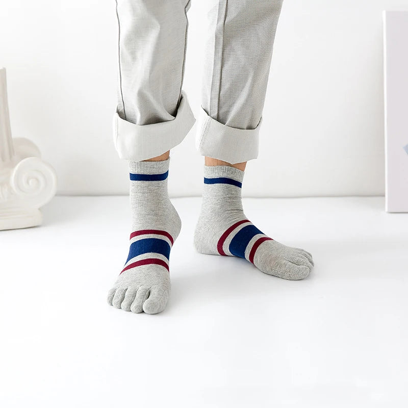 5 Pairs Mans Short Socks With Toes Pure Cotton Striped Business Young Street Fashion Colorful Five Finger Happy Socks Sokken