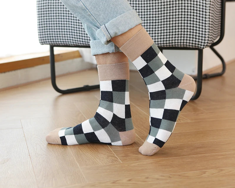 5Pair-pack New Men's Socks Colorful Grid Sock Casual Business High Quality Happy Combed Cotton Socks Fashion Gentleman Socks Men