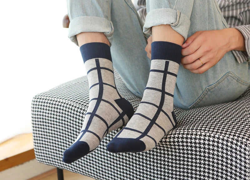 5Pair-pack New Men's Socks Colorful Grid Sock Casual Business High Quality Happy Combed Cotton Socks Fashion Gentleman Socks Men